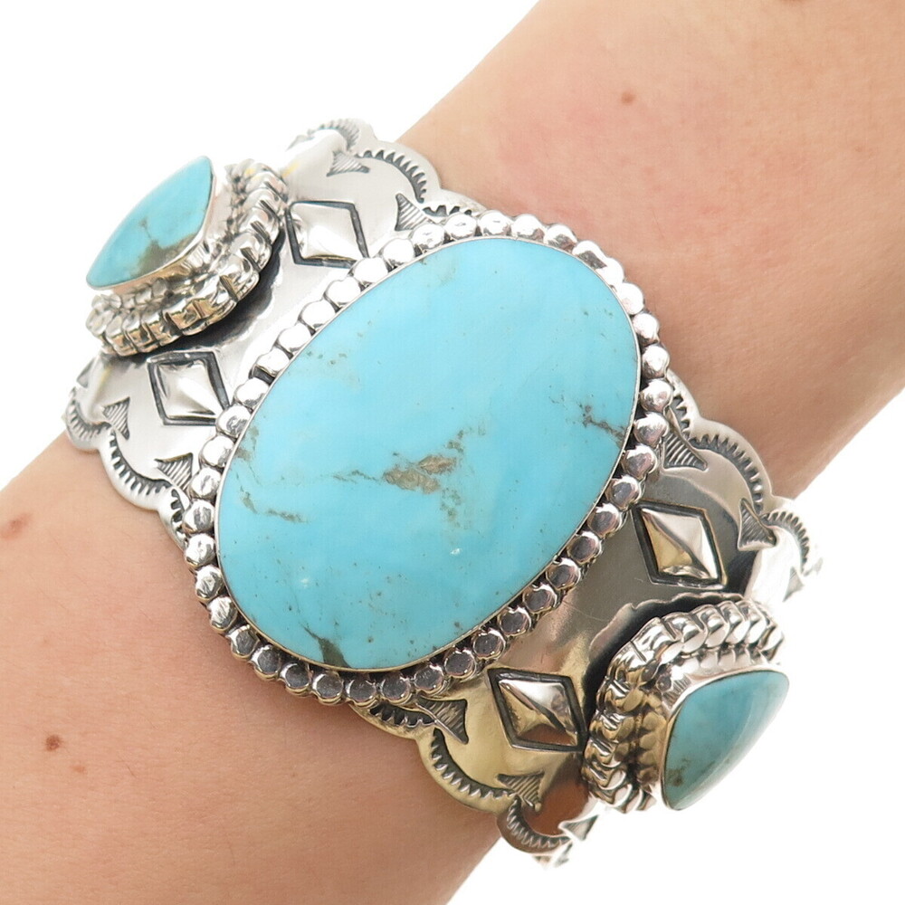 Running Bear Old Pawn 925 Sterling Vintage Turquoise Heavy 79.9g Bracelet 6.5"